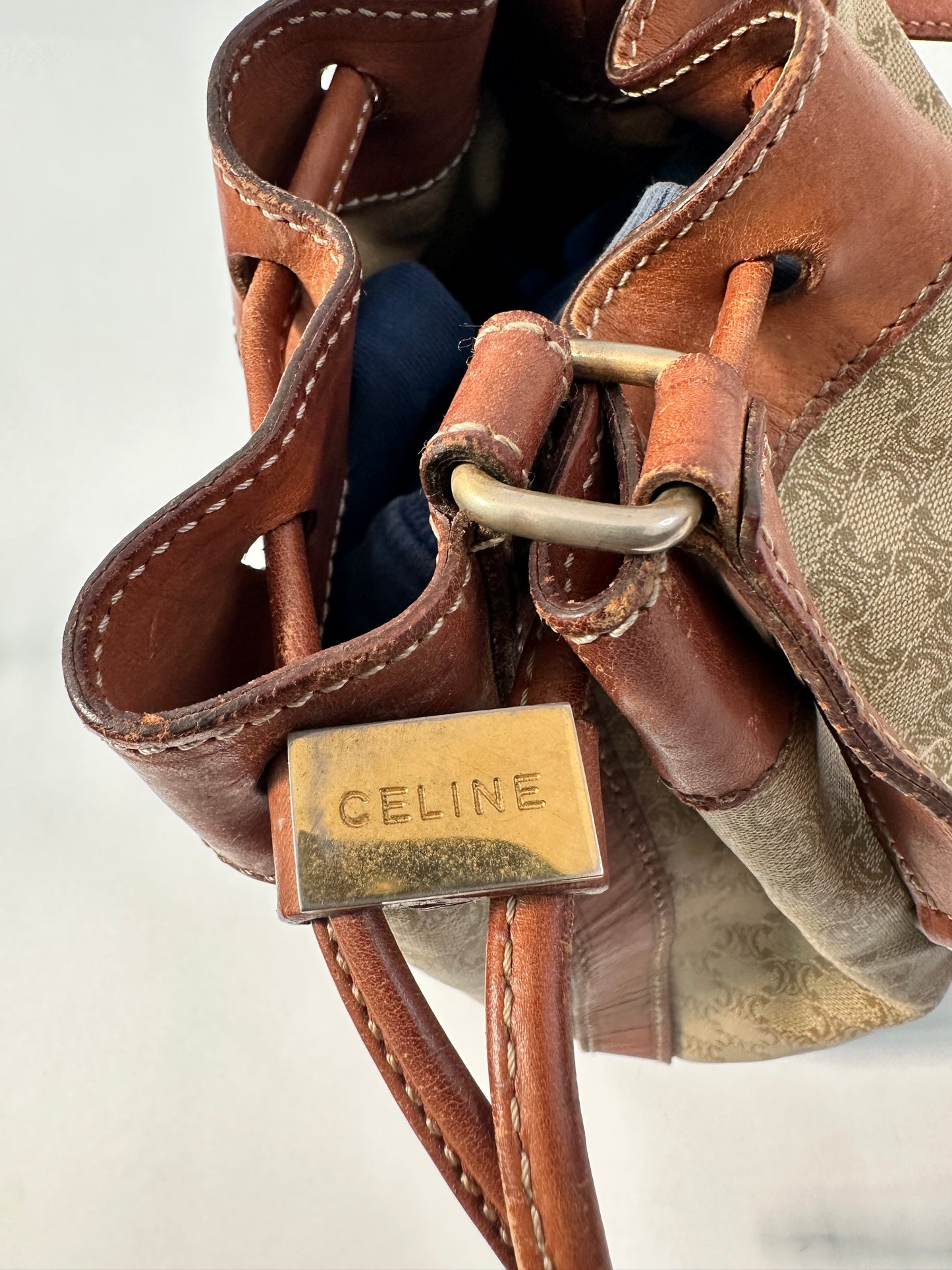 Celine Beige/Cognac Macadam Coated Canvas and Leather Drawstring Bucket Bag