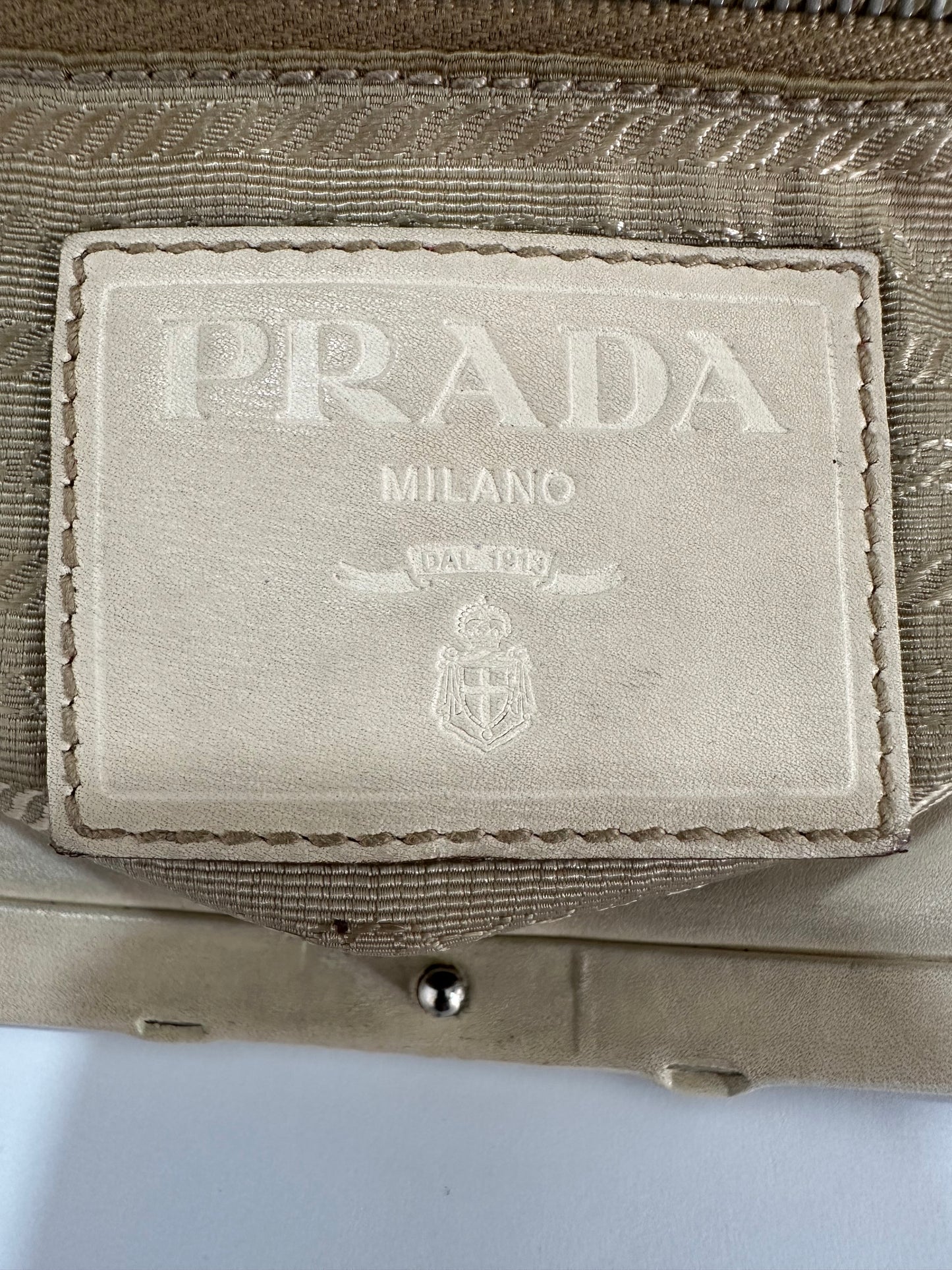 Prada Creame Canapa Logo Frame Handbag Beige