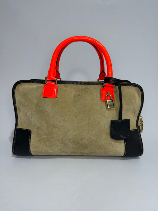 Loewe Amazona Suede & Leather Handbag Neon Orange Handles Beige Satchel Bag
