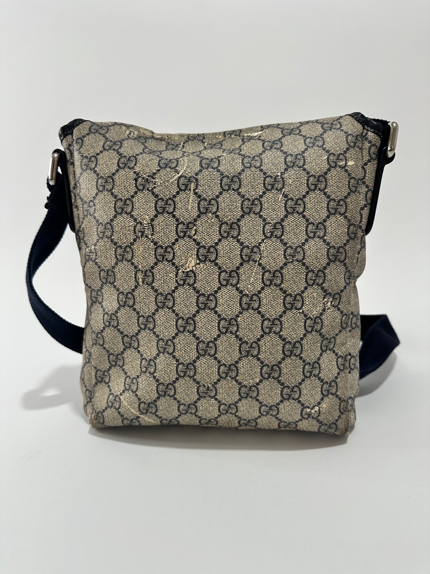 GUCCI
GG Plus Monogram Sellieria Calfskin Small Flap Messenger Bag Beige Blue
