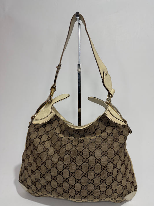 GUCCI
Beige/White GG Canvas Horsebit Creole Hobo Bag