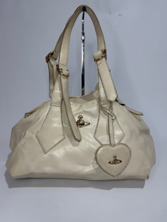 Vivienne Westwood Cream Leather Orb Heart Charm Shoulder Bag