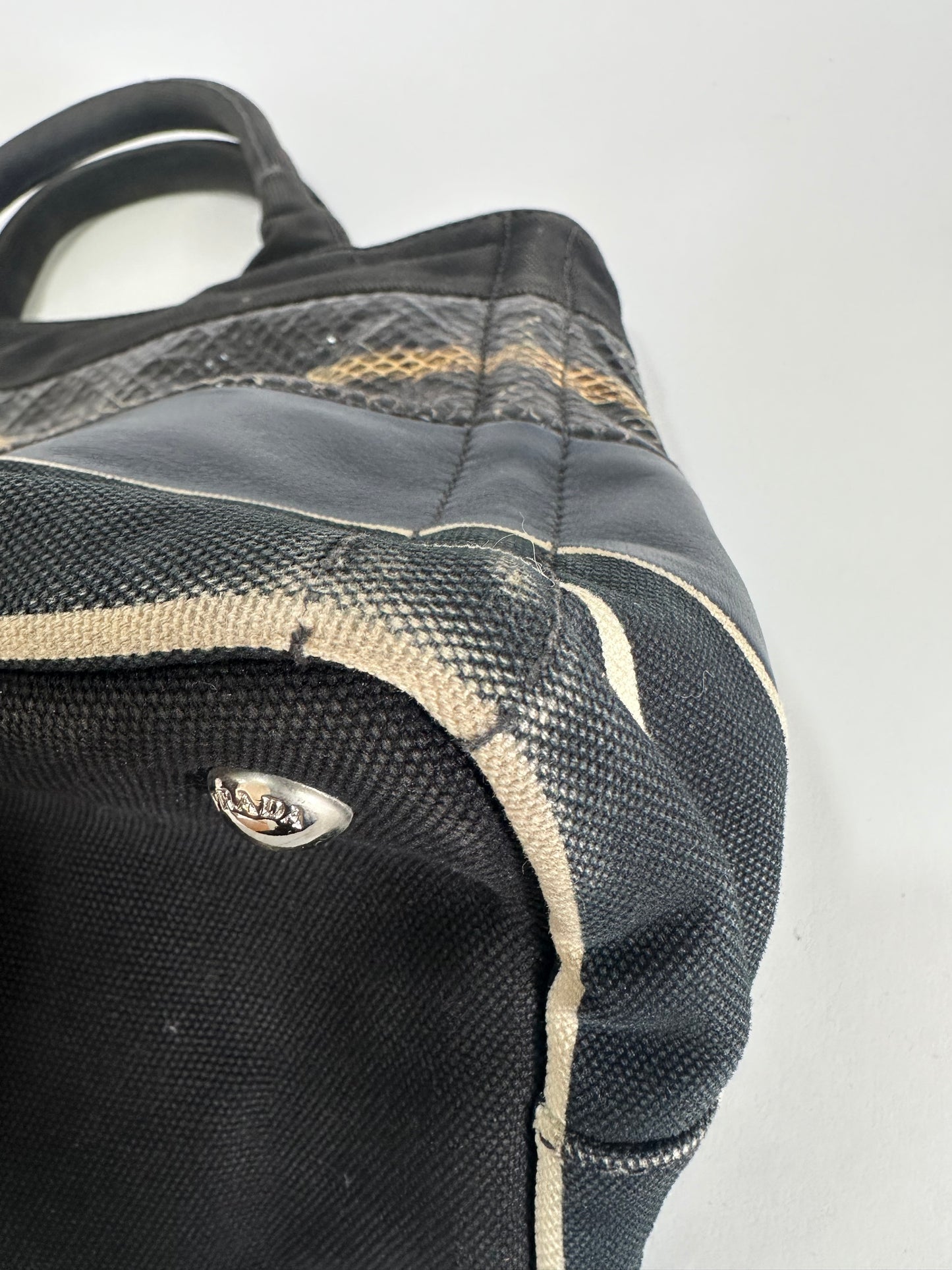 PRADA Multicolor Striped Canvas Leather and Python Tote