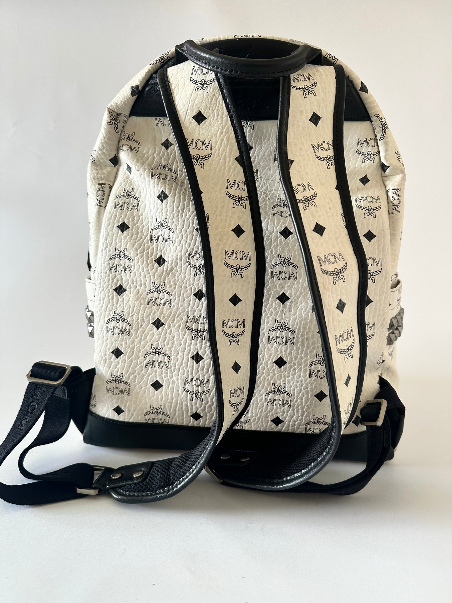 MCM Visetos Medium Side Studs Stark Backpack White