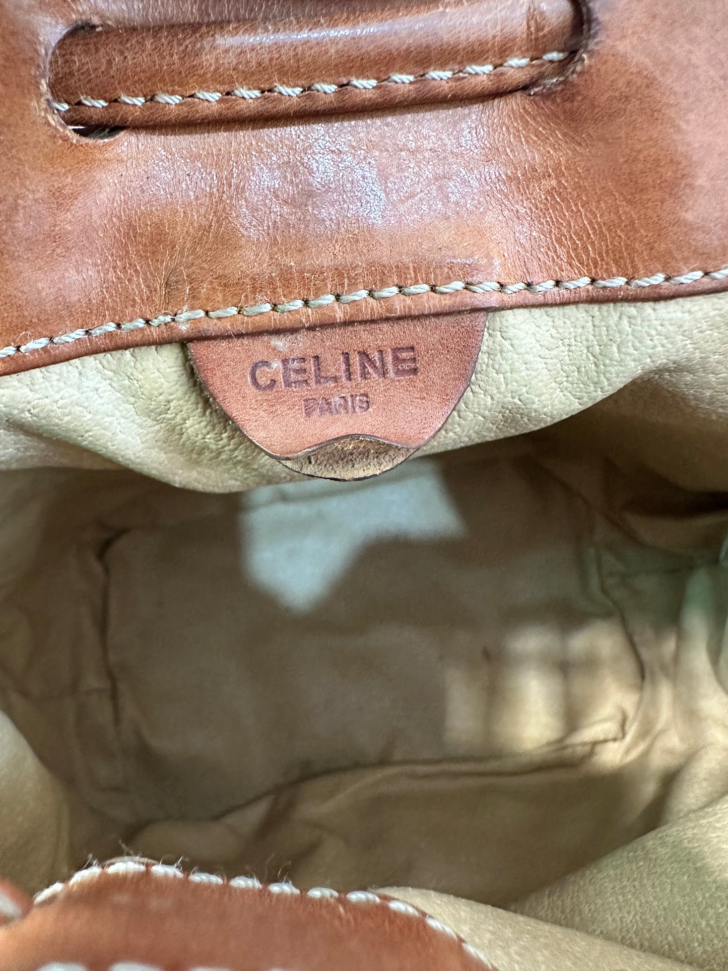 Celine Beige/Cognac Macadam Coated Canvas and Leather Drawstring Bucket Bag