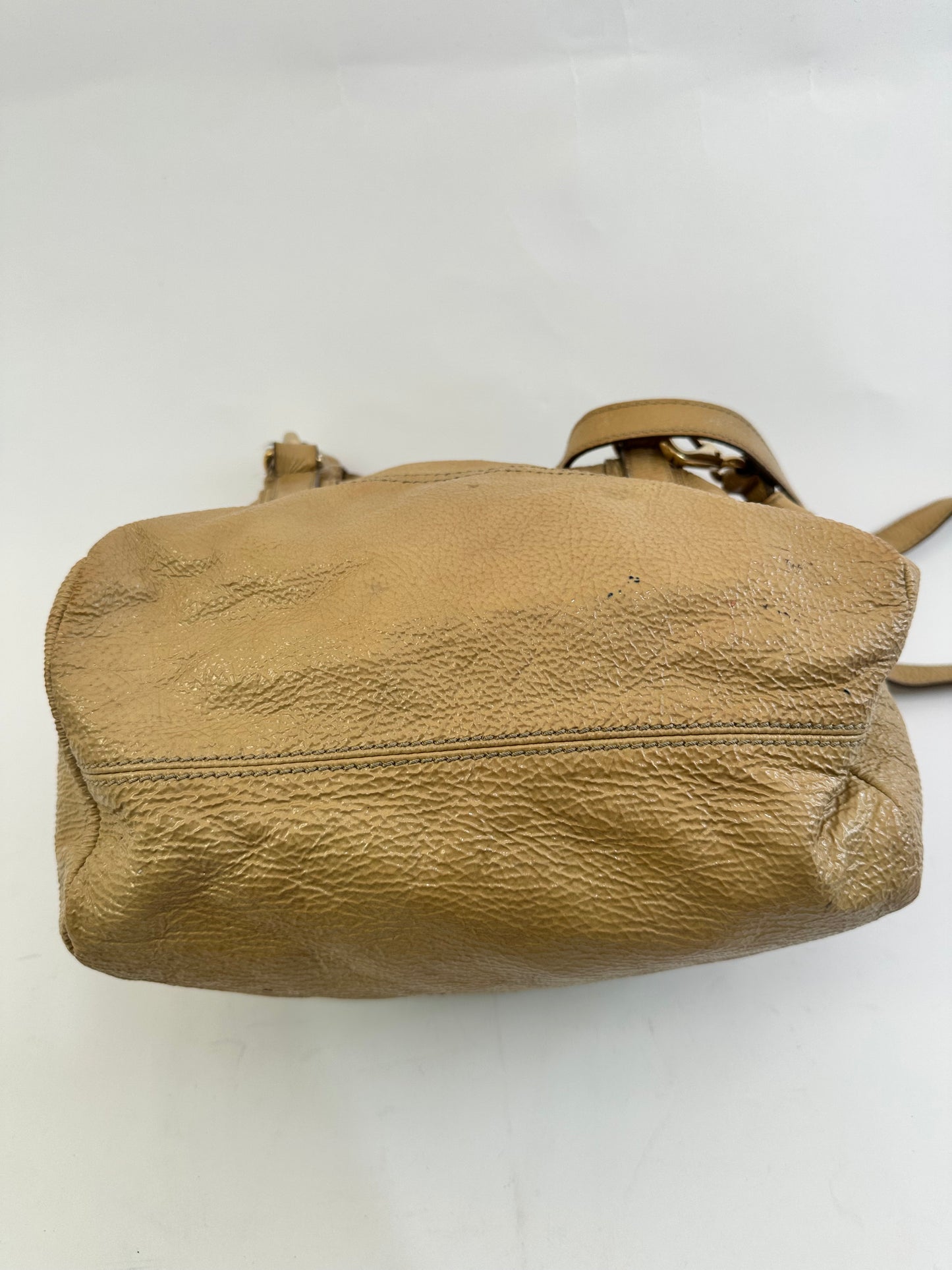GIVENCHY
Beige Distressed Patent Leather Pandora Mini Messenger Bag
