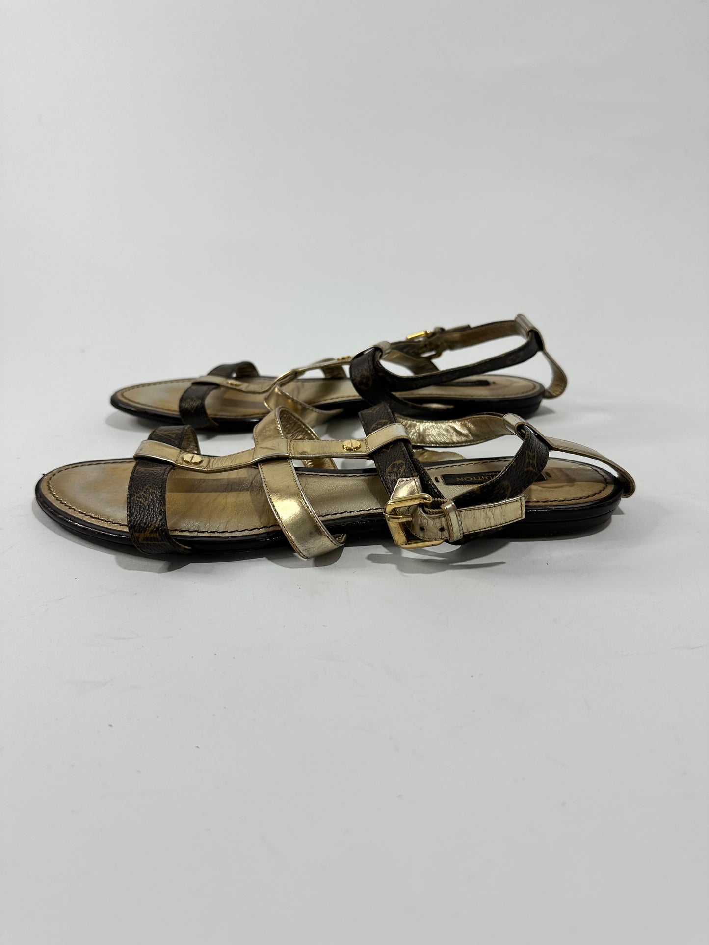 Louis Vuitton Monogram Canvas and Gold Leather Be Happy Flat Sandals Size 40.5