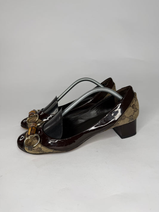 Gucci Brown GG Crystal Canvas and Leather Bamboo Horsebit Block Heel Pumps Size 37 EU/ 7 US / 4 UK