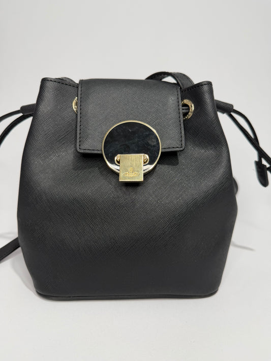 Vivienne Westwood Black Saffiano Leather Drawstring Crossbody Bag with Orb Lock