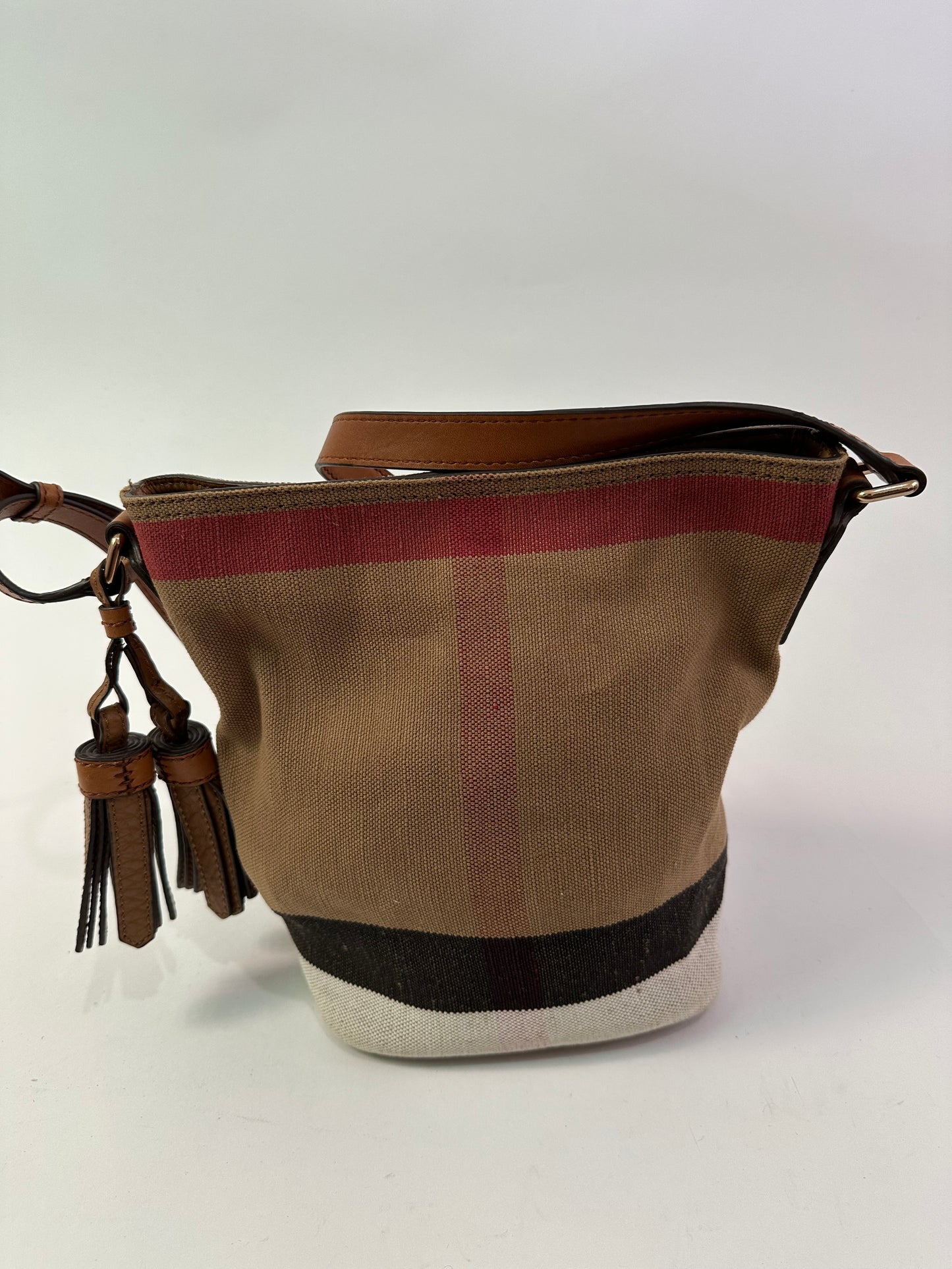 BURBERRY Canvas Mega Check Mini Ashby Tassel Crossbody Burgundy
