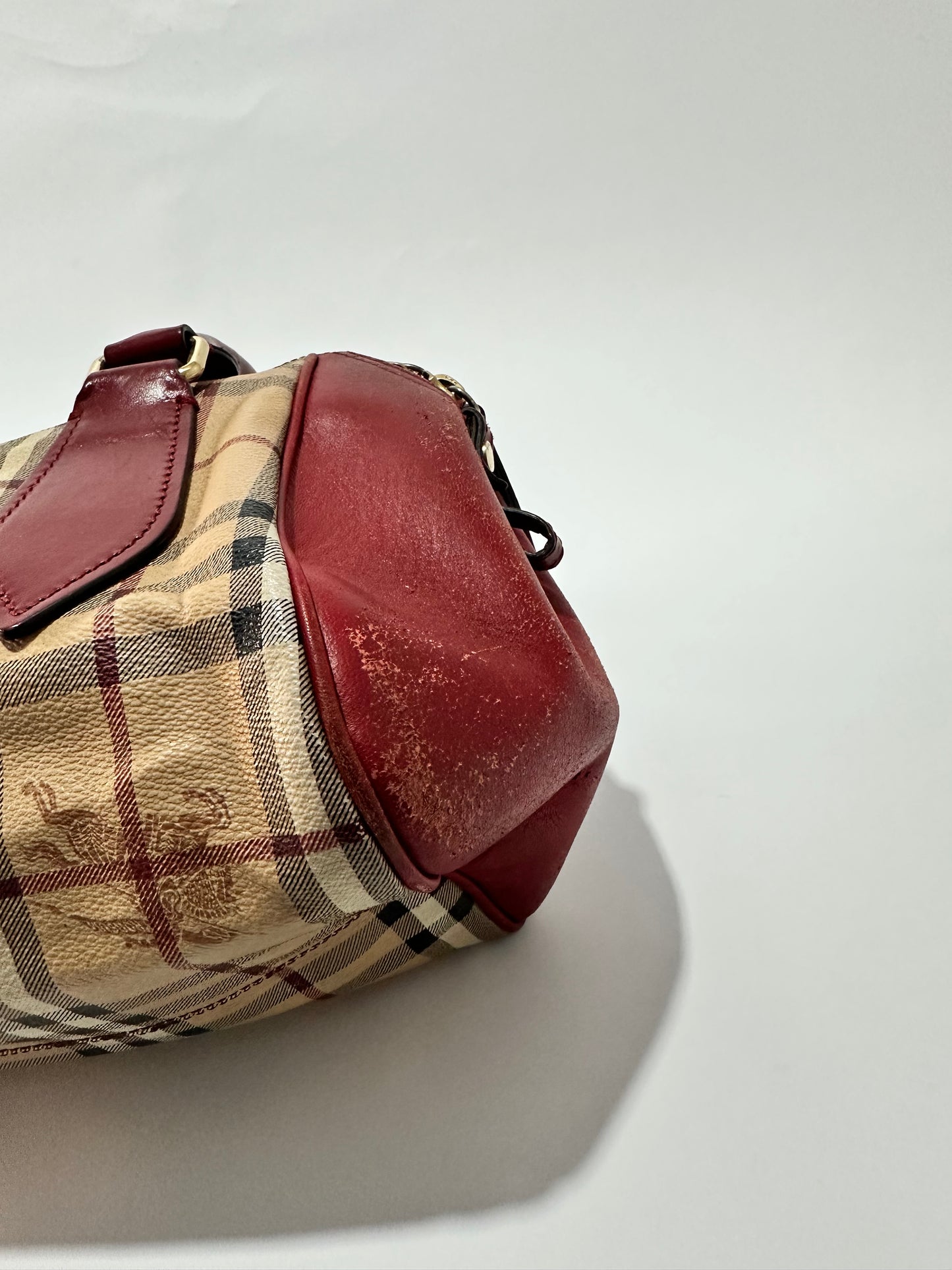 BURBERRY
Haymarket Check Small Blaze Satchel Military Red