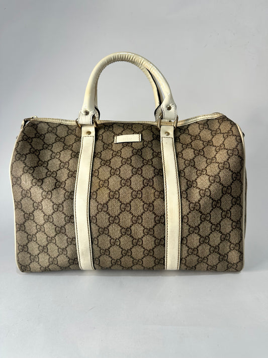 Gucci Beige/White GG Supreme Canvas and Leather Medium Joy Boston Bag
