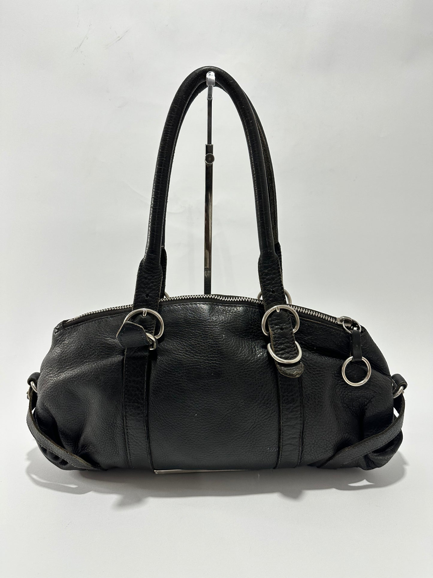 PRADA Vintage Black Leather Handbag Buckle Design Mini Duffel Bag