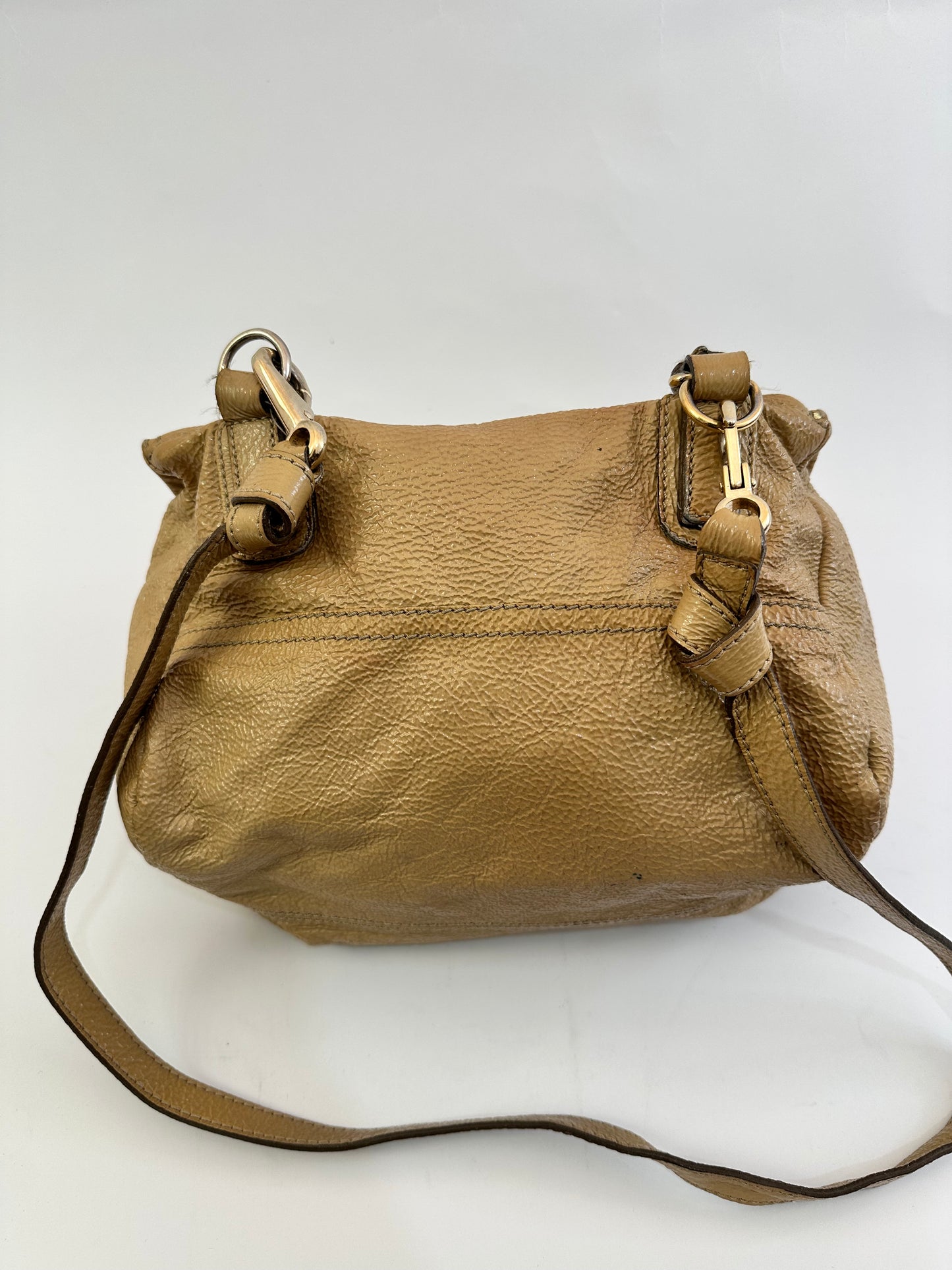 GIVENCHY
Beige Distressed Patent Leather Pandora Mini Messenger Bag