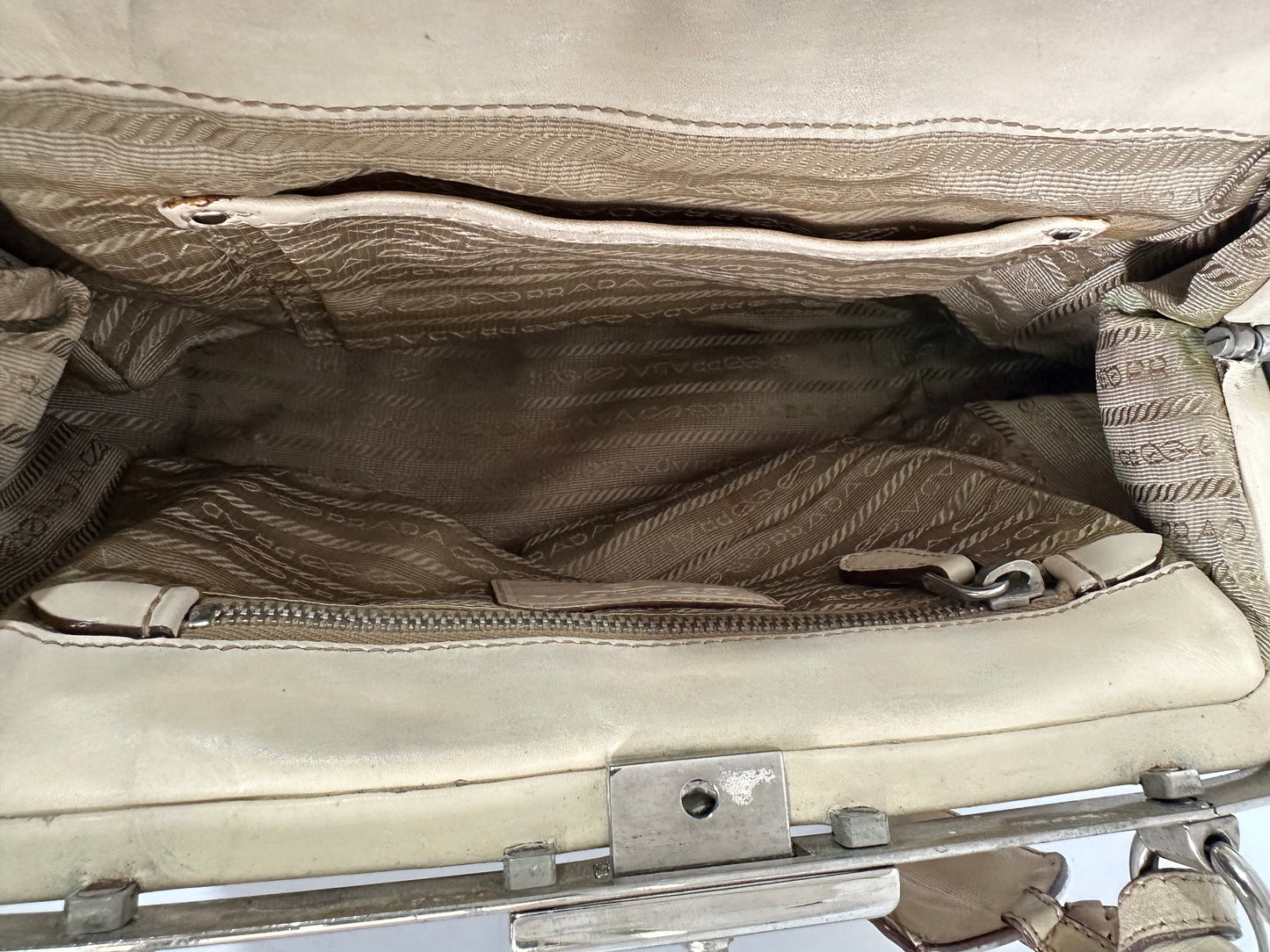 Prada Creame Canapa Logo Frame Handbag Beige