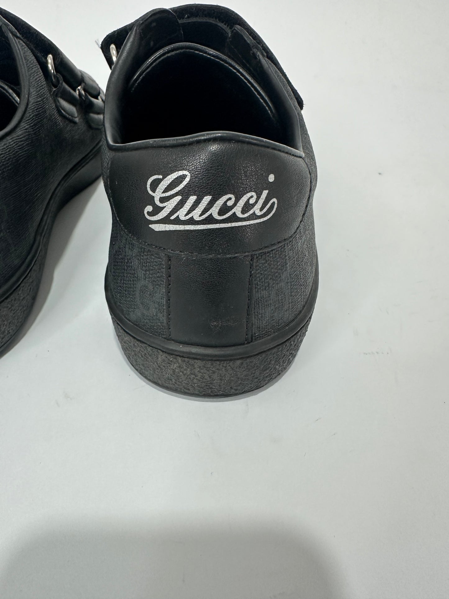 GUCCI Black GG Supreme Canvas And Leather Double Velcro Ace Sneakers Size 6.5 UK