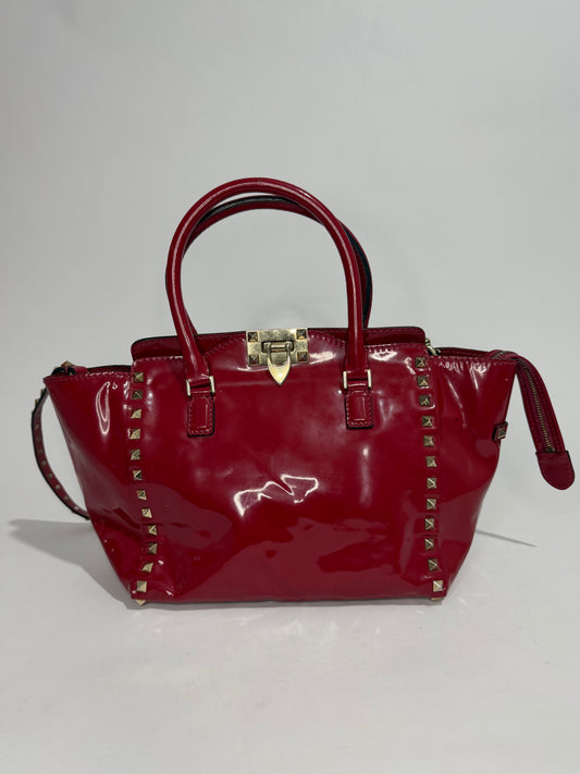 Valentino Red Patent Leather Small Rockstud Shopper Tote Bag