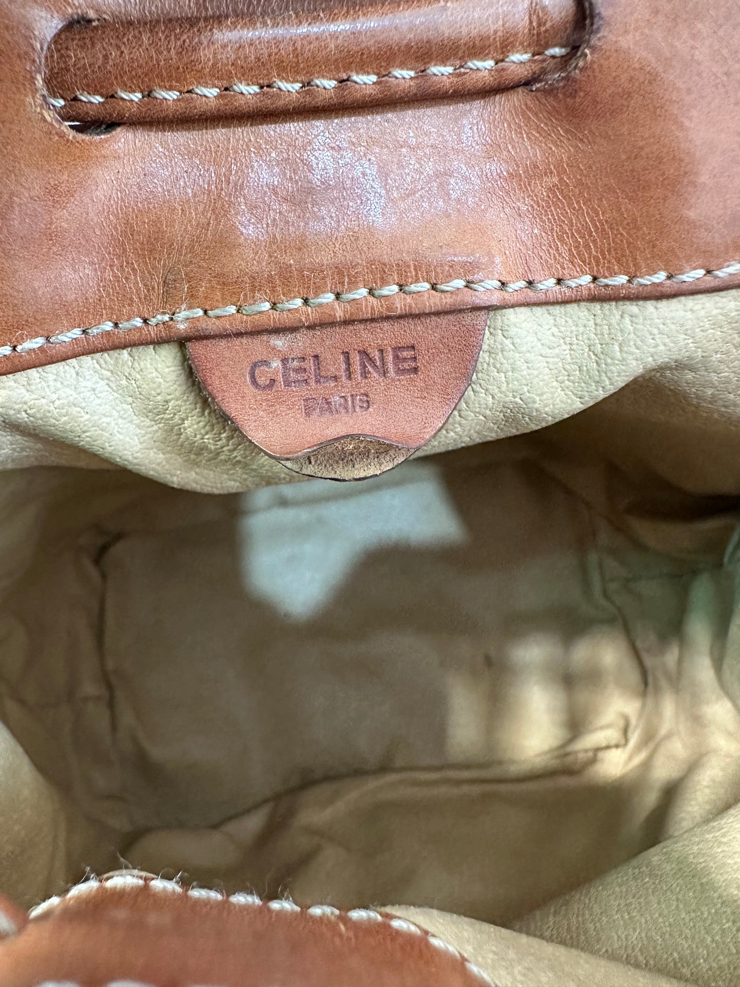 Celine Beige/Cognac Macadam Coated Canvas and Leather Drawstring Bucket Bag