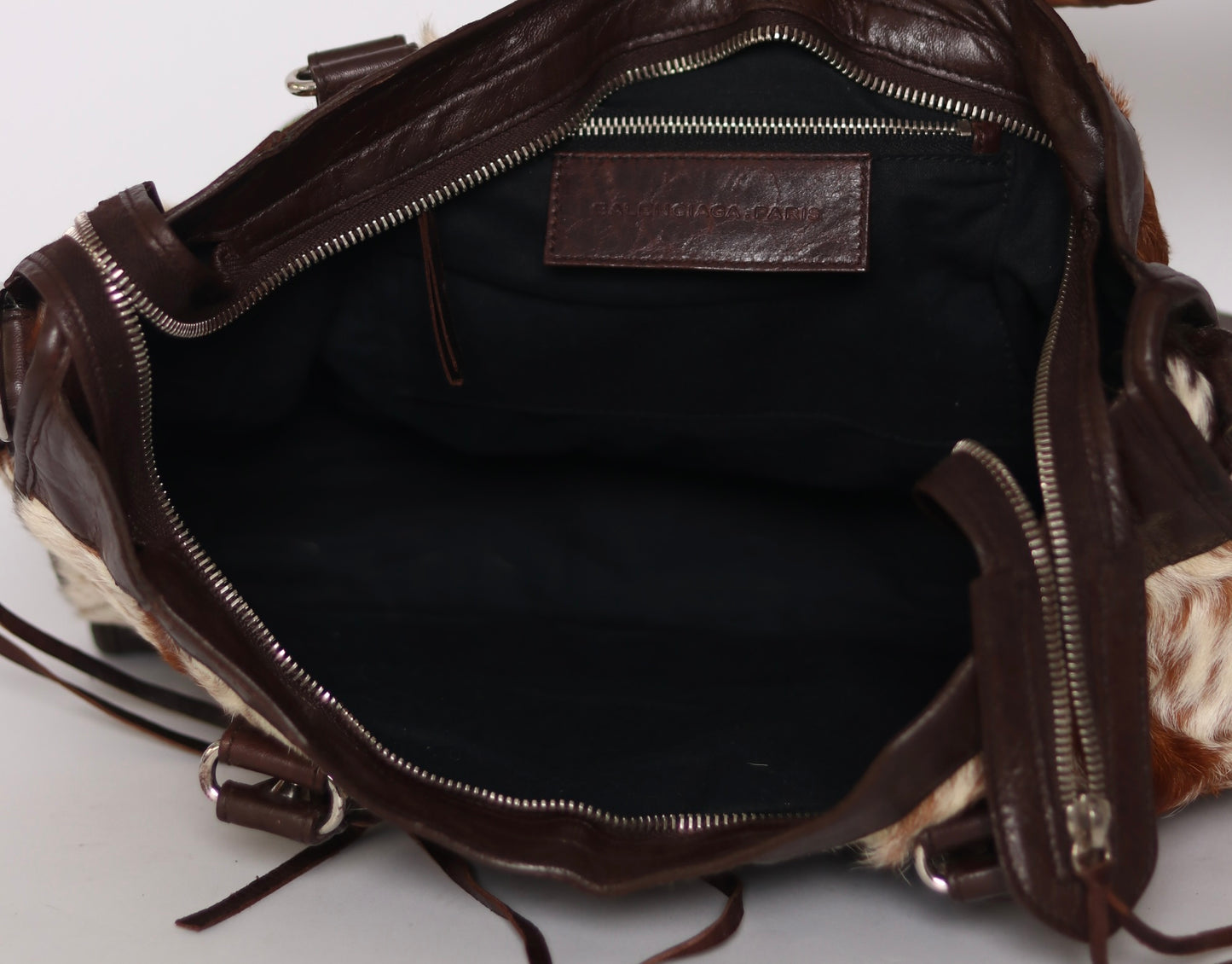 BALENCIAGA
Brown/White Pony Hair Motorcycle City Bag