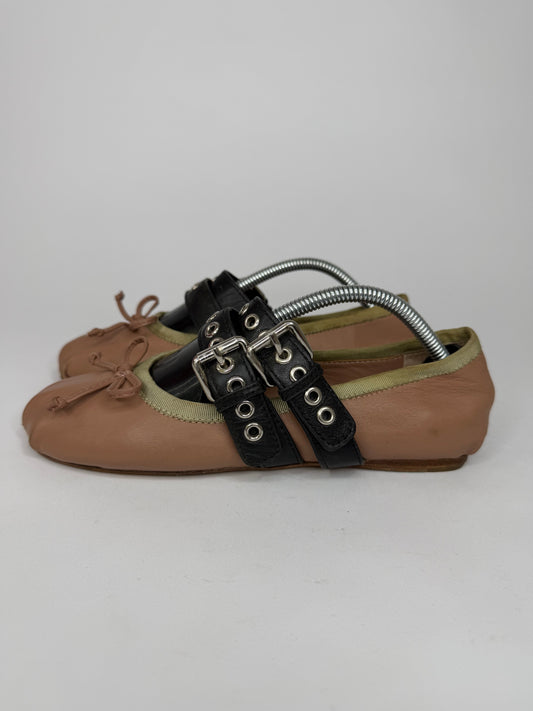 Miu Miu Brown Leather Buckle Detail Bow Ballet Flats Size 35 EU/ 5 US