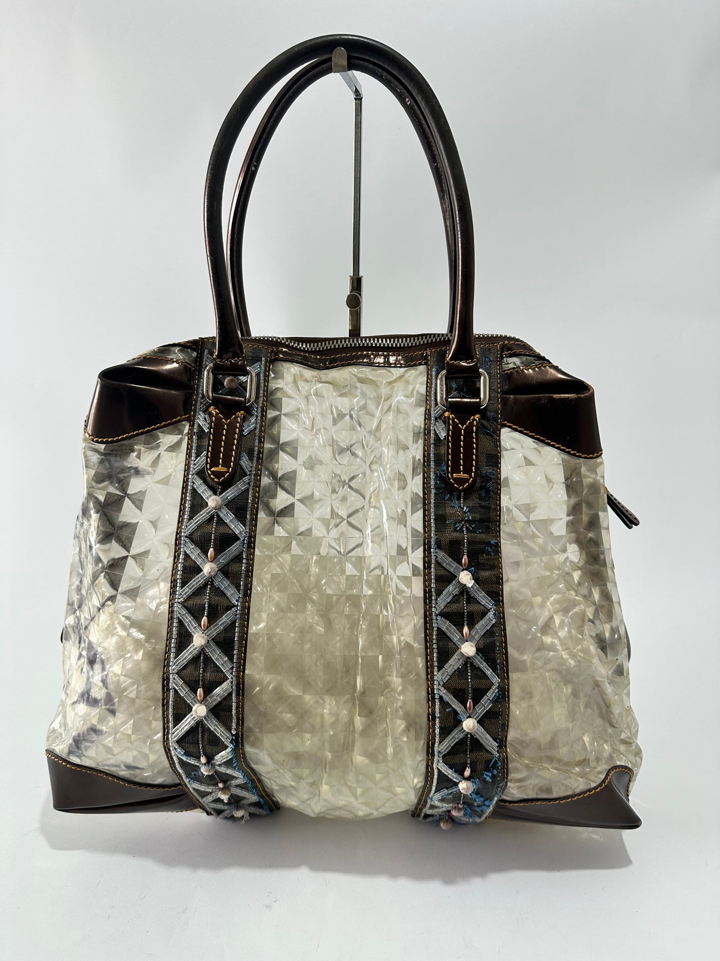 FENDI
PVC Patent Zucca Spalmati Large Mixed Media B Mix Tote Multicolor Brown Tobacco