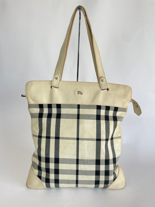 BURBERRY
White Leather Black Check Tote Bag