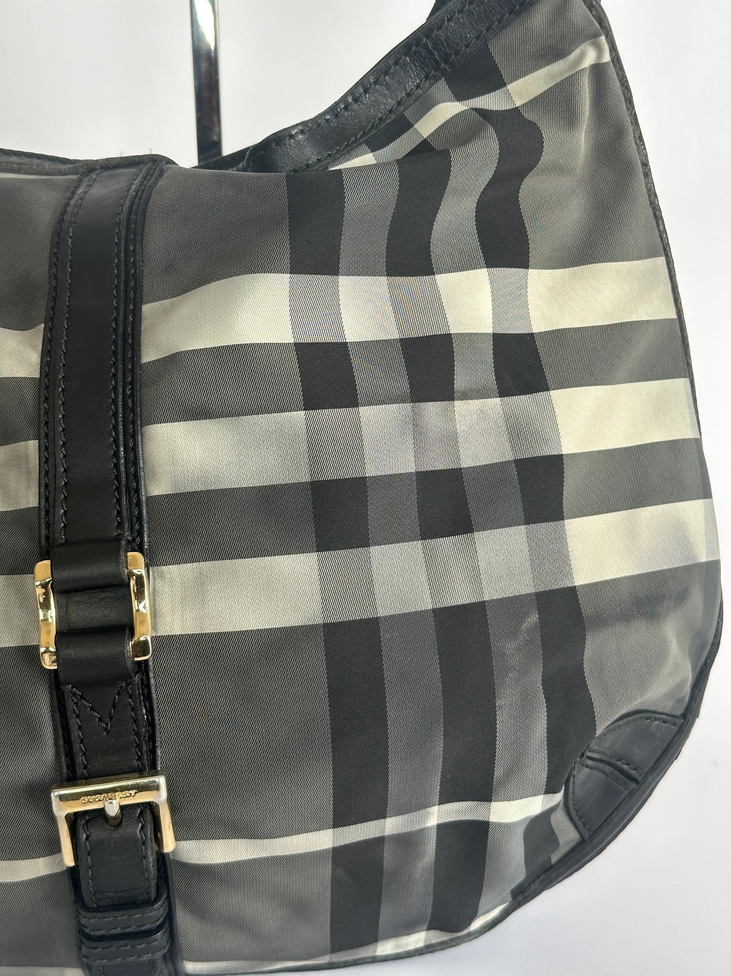 Burberry Black Beat Check Nylon and Leather Hobo