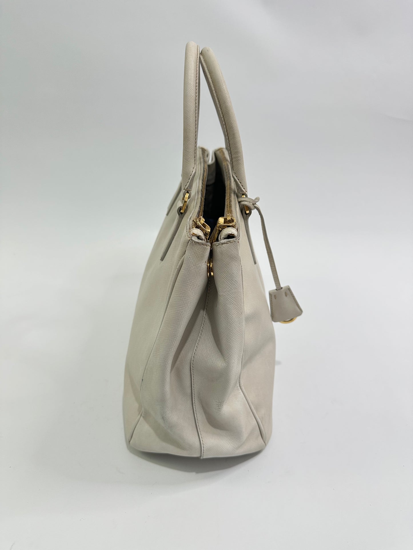 PRADA Grey Saffiano Lux Leather Large Double Zip Tote