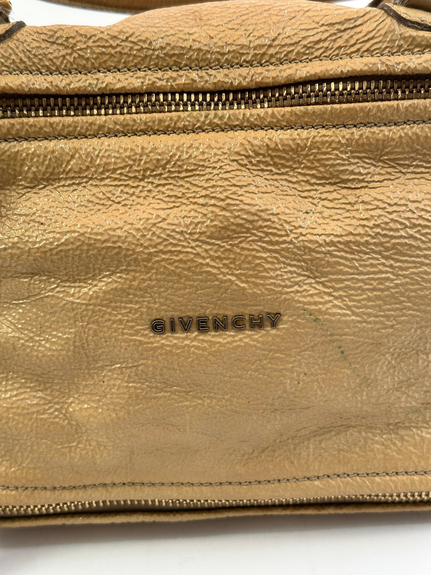 GIVENCHY
Beige Distressed Patent Leather Pandora Mini Messenger Bag