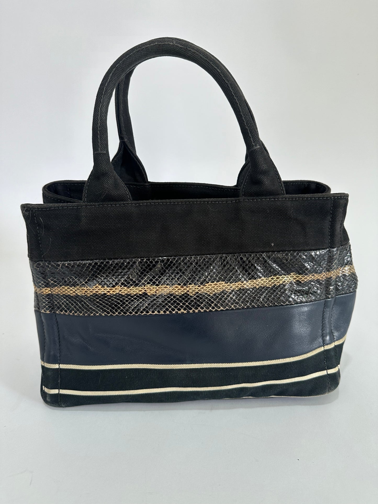 PRADA Multicolor Striped Canvas Leather and Python Tote
