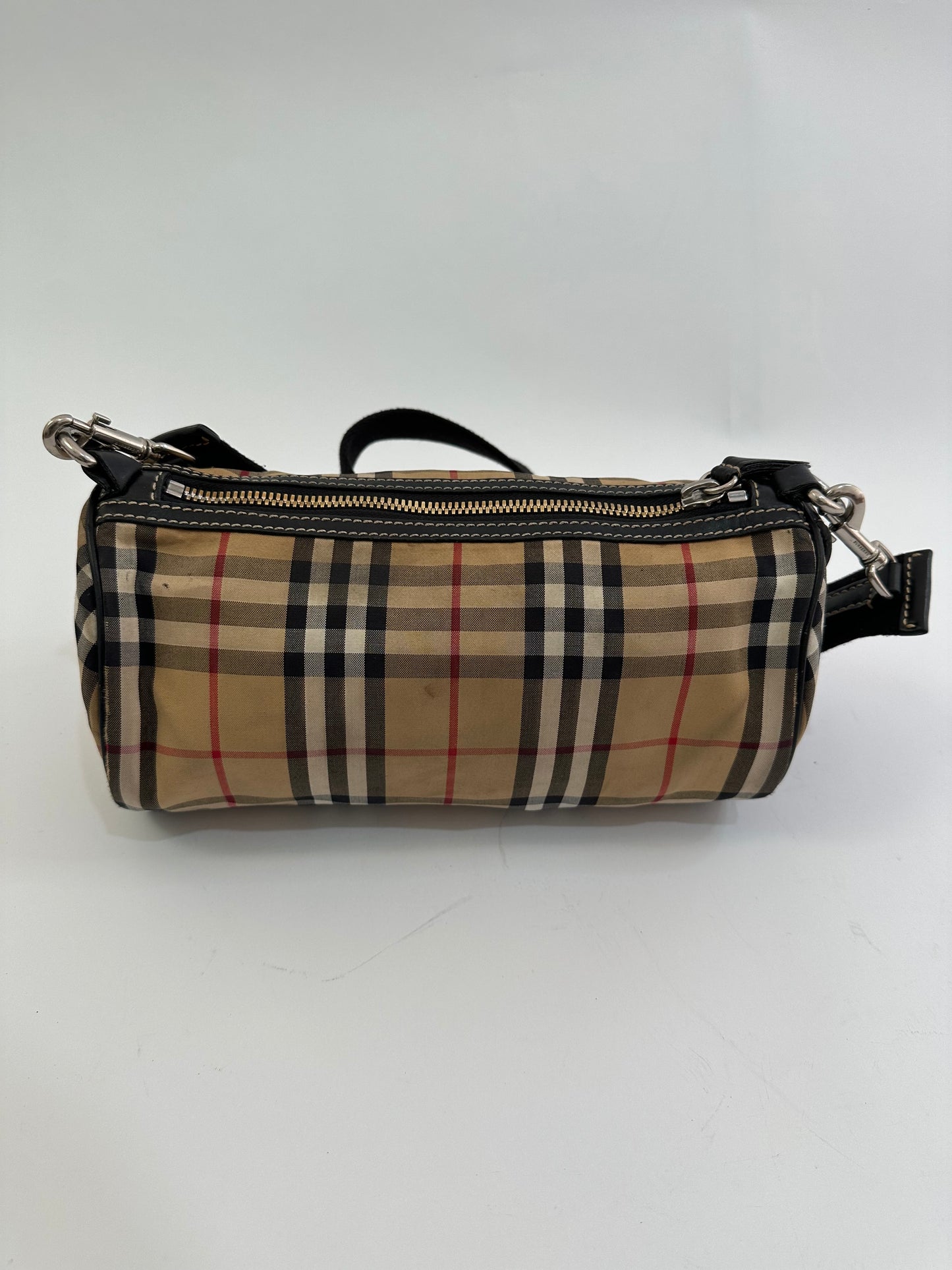 BURBERRY Black/Beige House Check Canvas and Leather Small Kennedy Barrel