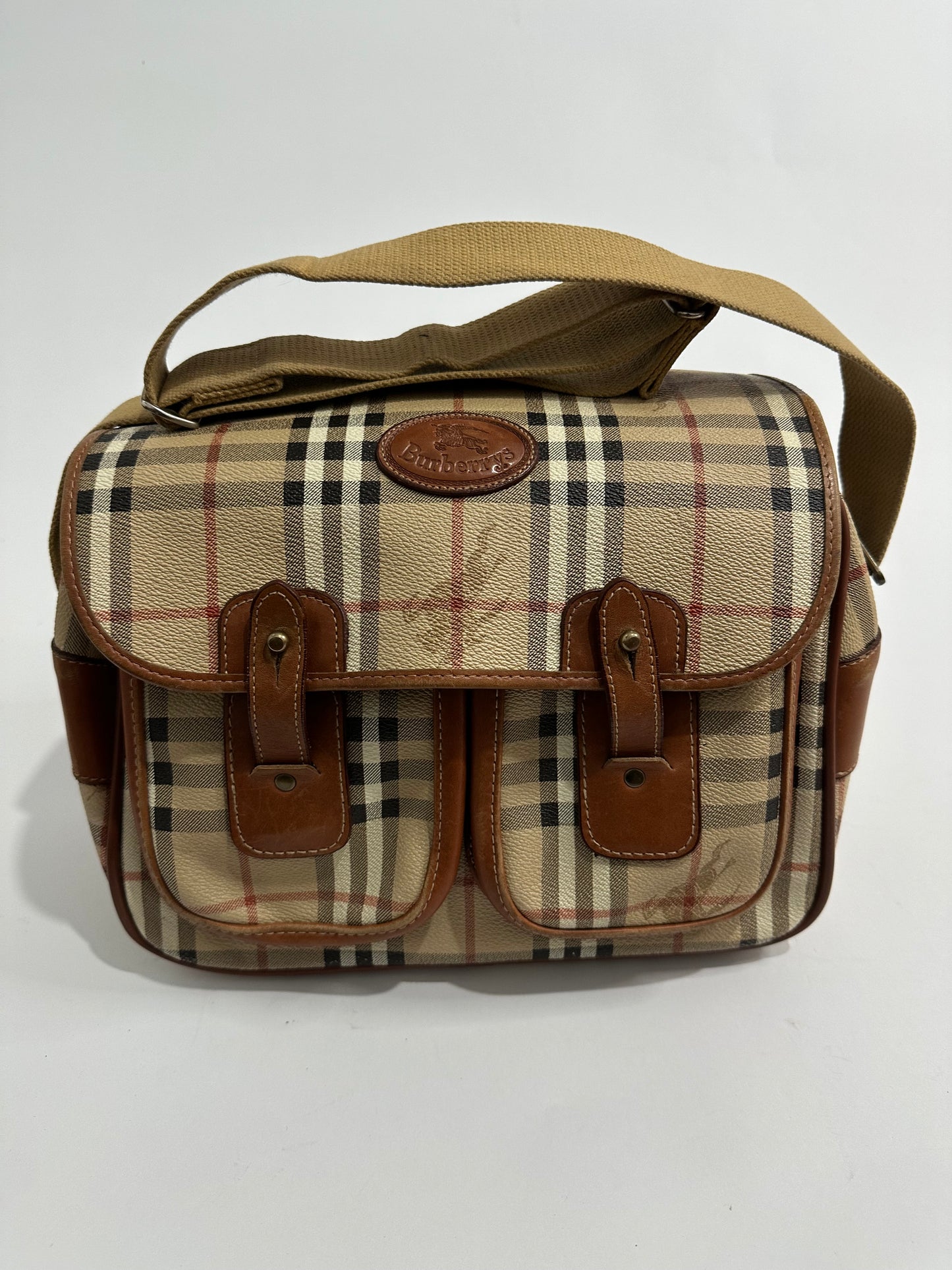 Burberry Beige Brown Leather Canvas Satchel Shoulder Bag