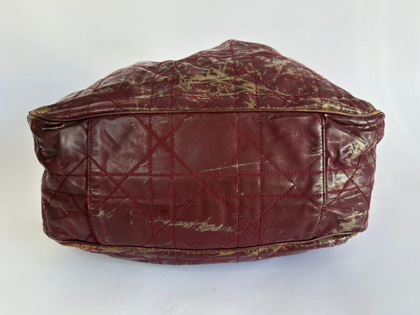 CHRISTIAN DIOR Rouge Bordeaux Cannage Quilted Patent Leather Medium Drawstring Tote Bag
