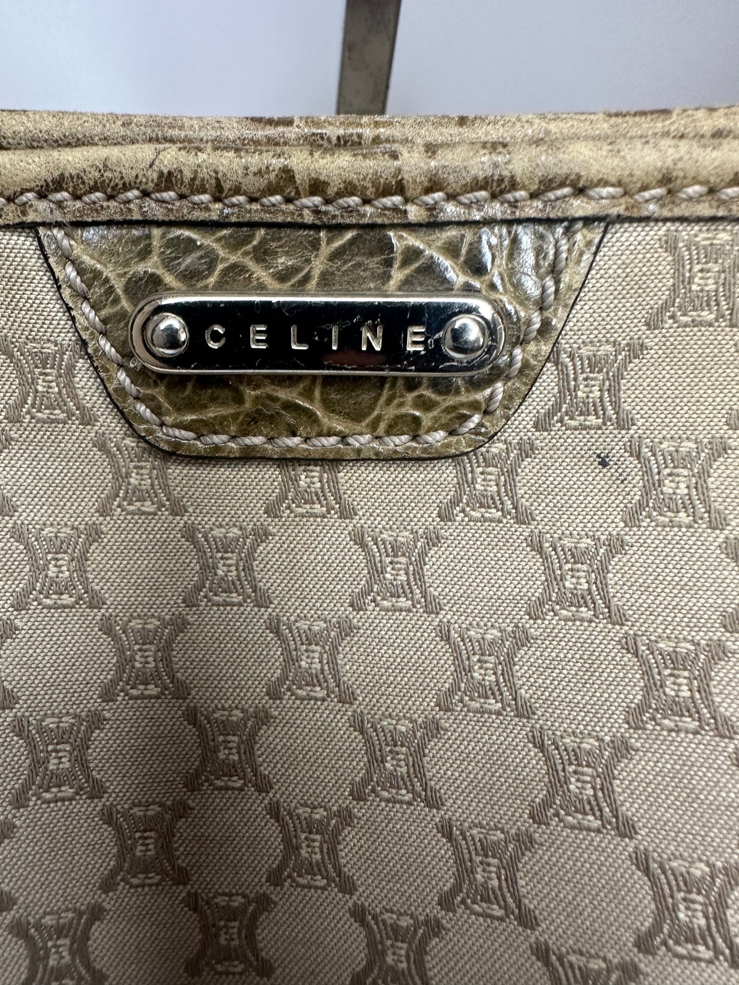 CELINE Beige/Brown Macadam Canvas And Croc Embossed Tote