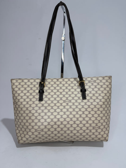 CELINE Macadam Monogram Coated Canvas Tote Bag Cream/Black