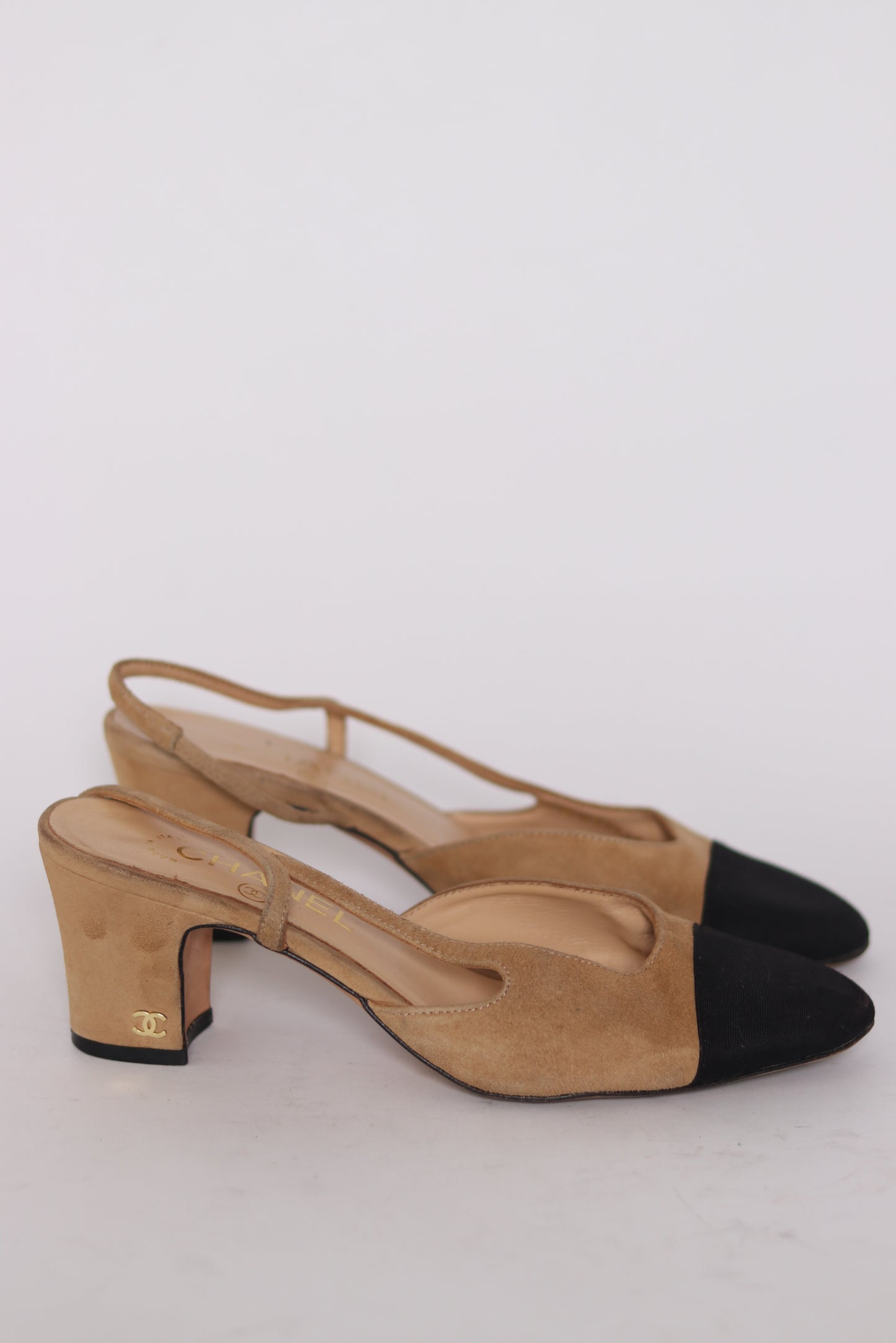 Chanel Beige/Black Suede And Fabric Cap Toe Slingback Sandals Size 39 EU/ 9 US
