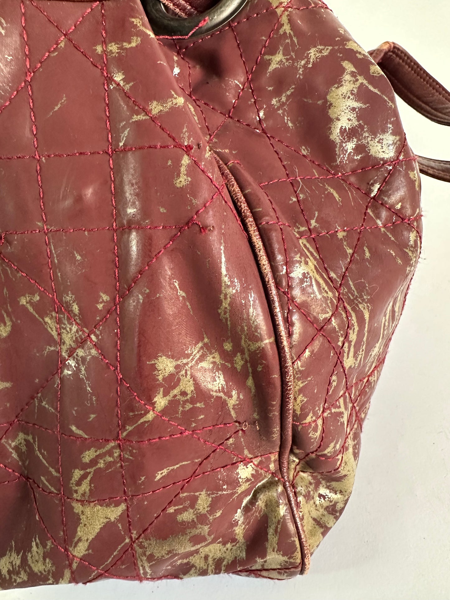 CHRISTIAN DIOR Rouge Bordeaux Cannage Quilted Patent Leather Medium Drawstring Tote Bag