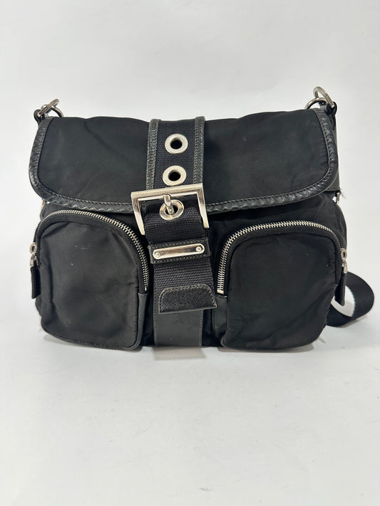 PRADA
Re-Nylon Vela Saffiano Pocket Double Zip Shoulder Bag Black