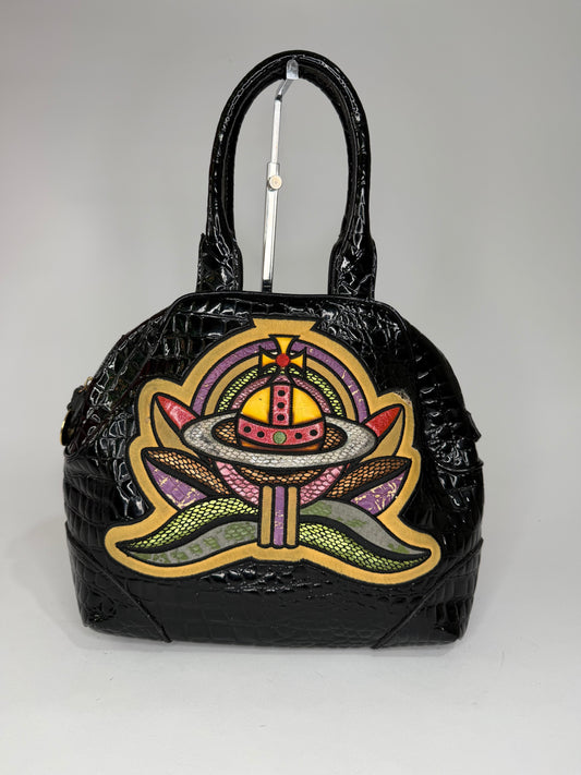 Vivienne Westwood Black Patent Croc-Embossed Orb Appliqué Handbag