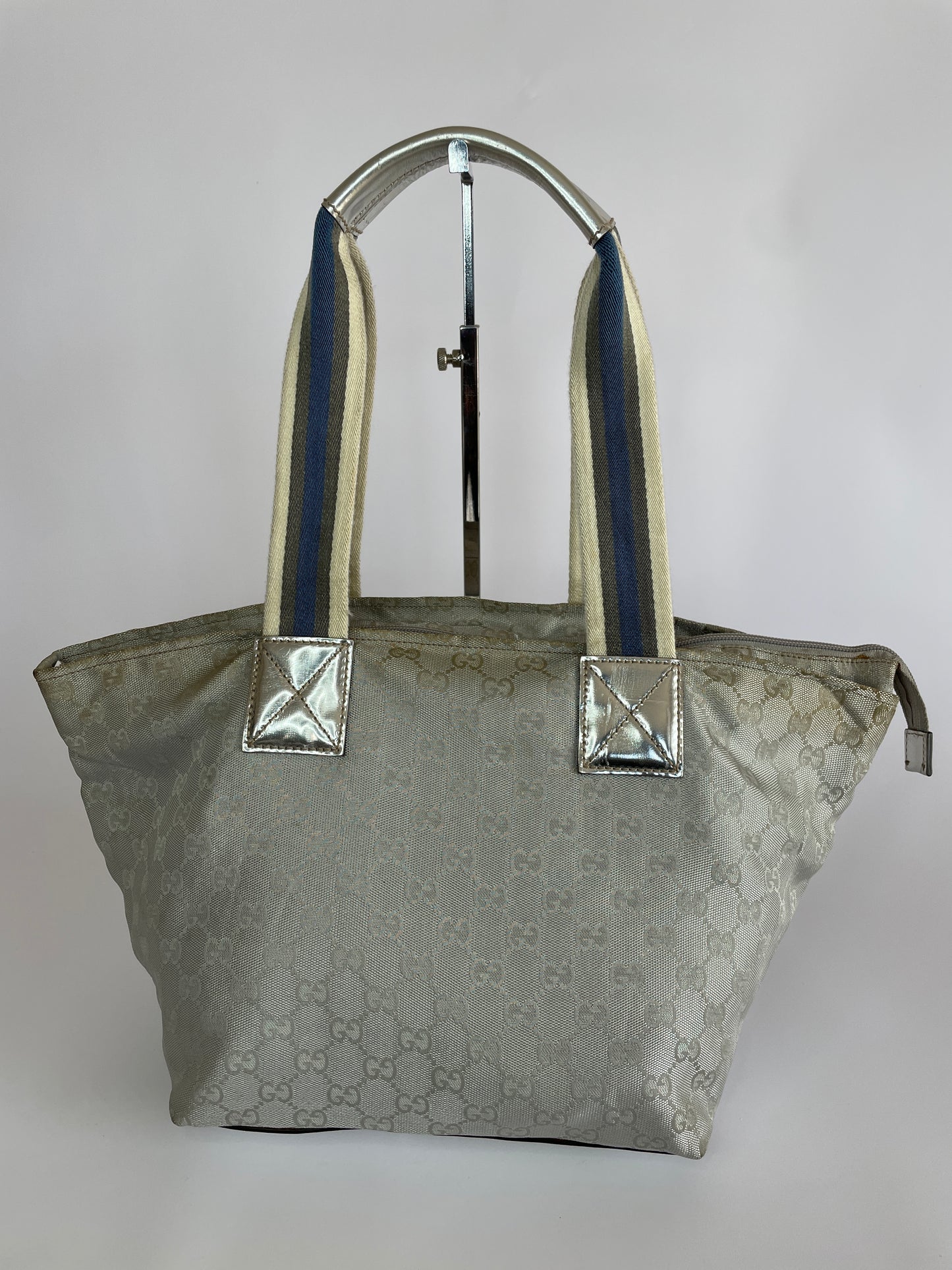 GUCCI GG Monogram Medium Web Handle Bucket Tote Silver