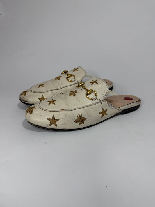 Gucci Cream Leather Bee and Star Embroidered Princetown Flat Mules Size 37.5 EU/ 7.5 US/