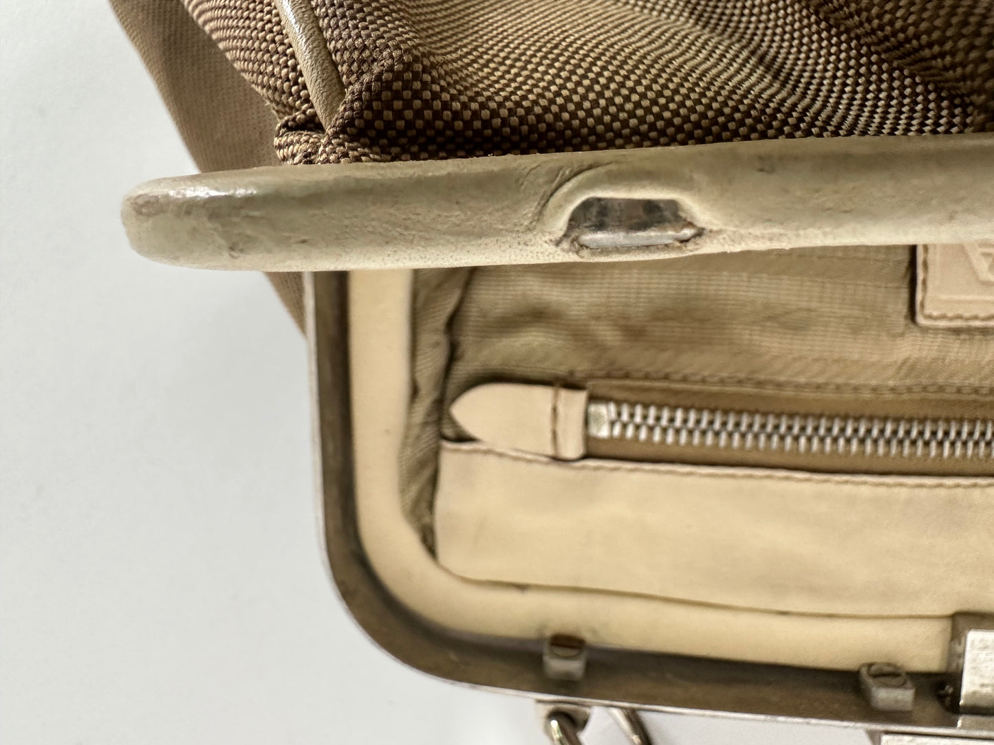 Prada Creame Canapa Logo Frame Handbag Beige