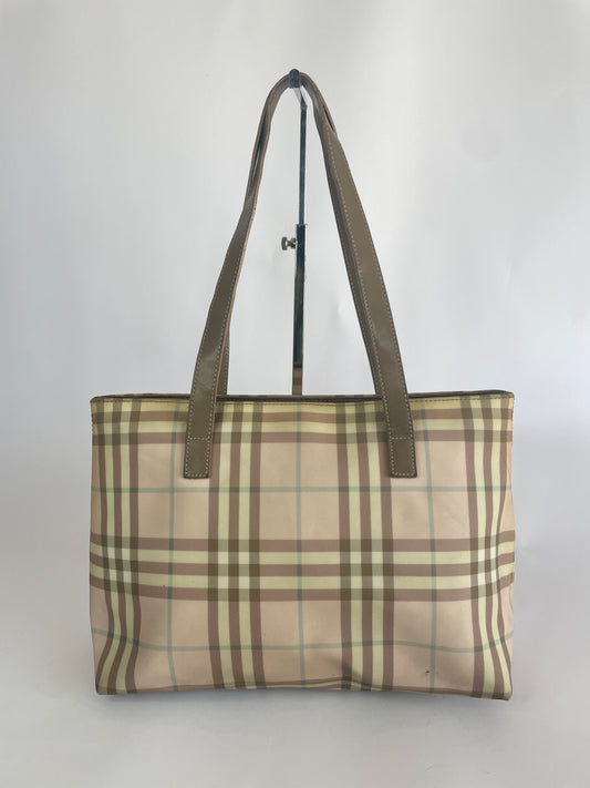 Burberry Pink/Green Haymarket Check Coated Canvas And Leather Tote