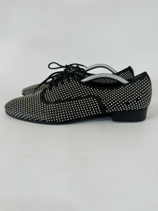 Saint Laurent Black Leather Lulu Richelieu Metal Eyelet Lace Up Oxfords Size 37.5 EU