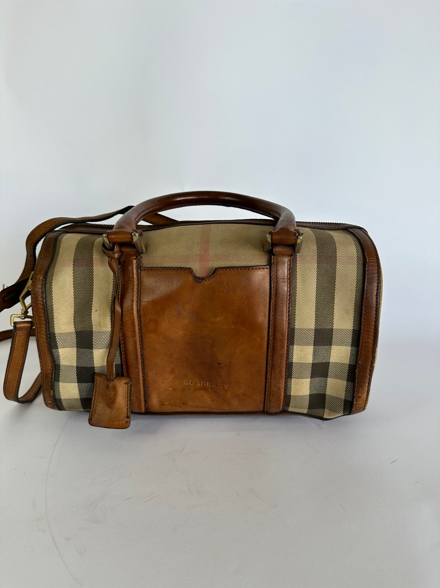 BURBERRY Brown Check Canvas Mixed Media Medium Alchester Bowler Bag
