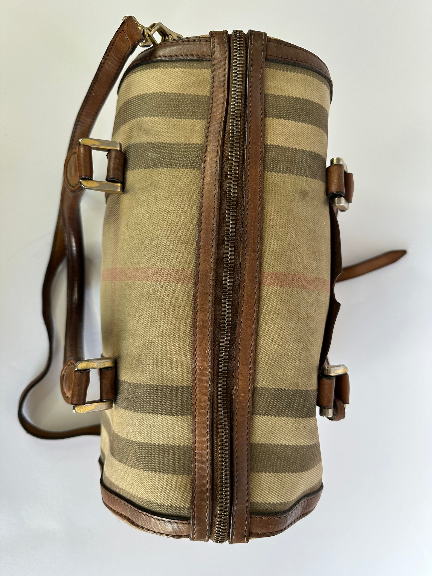 BURBERRY Brown Check Canvas Mixed Media Medium Alchester Bowler Bag