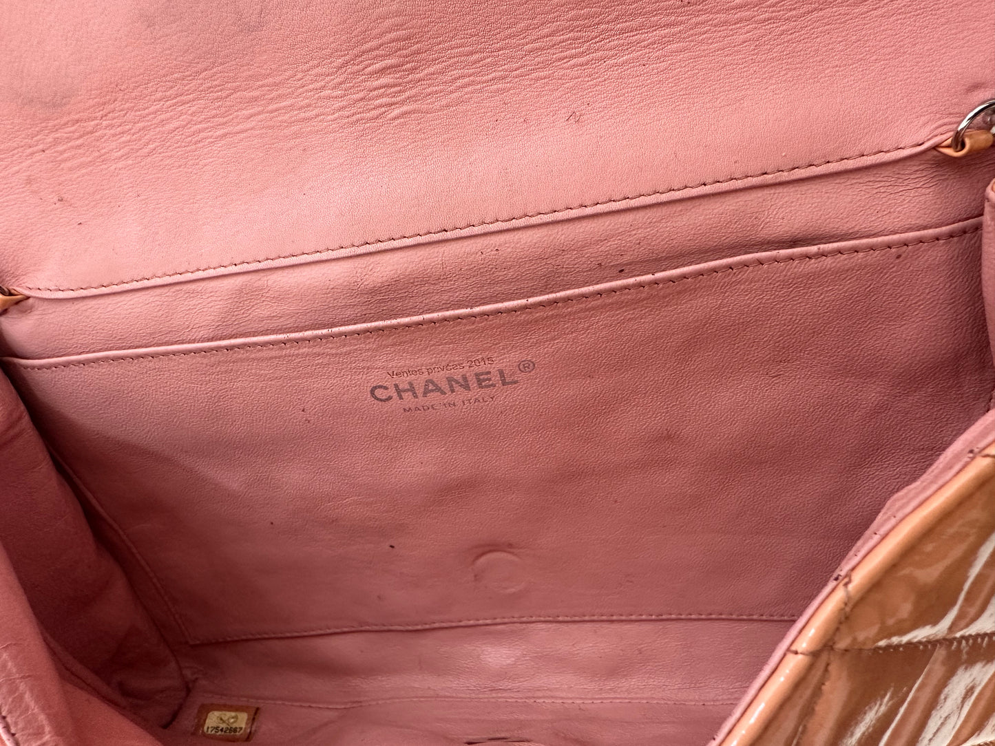 Chanel Beige Quilted Patent Leather Classic Flap Shoulder Bag