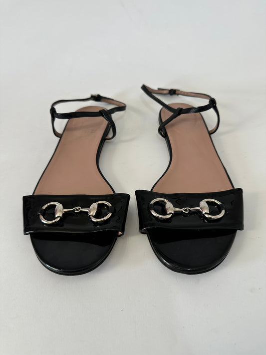 Gucci Black Patent Leather Horsebit Sandals Size 36.5 EU/ 6.5 US / 3.5 UK