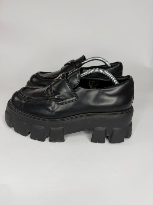 Prada Black Leather Monolith Platform Derby Sneakers Size 38 EU/ 8 US / 5 UK