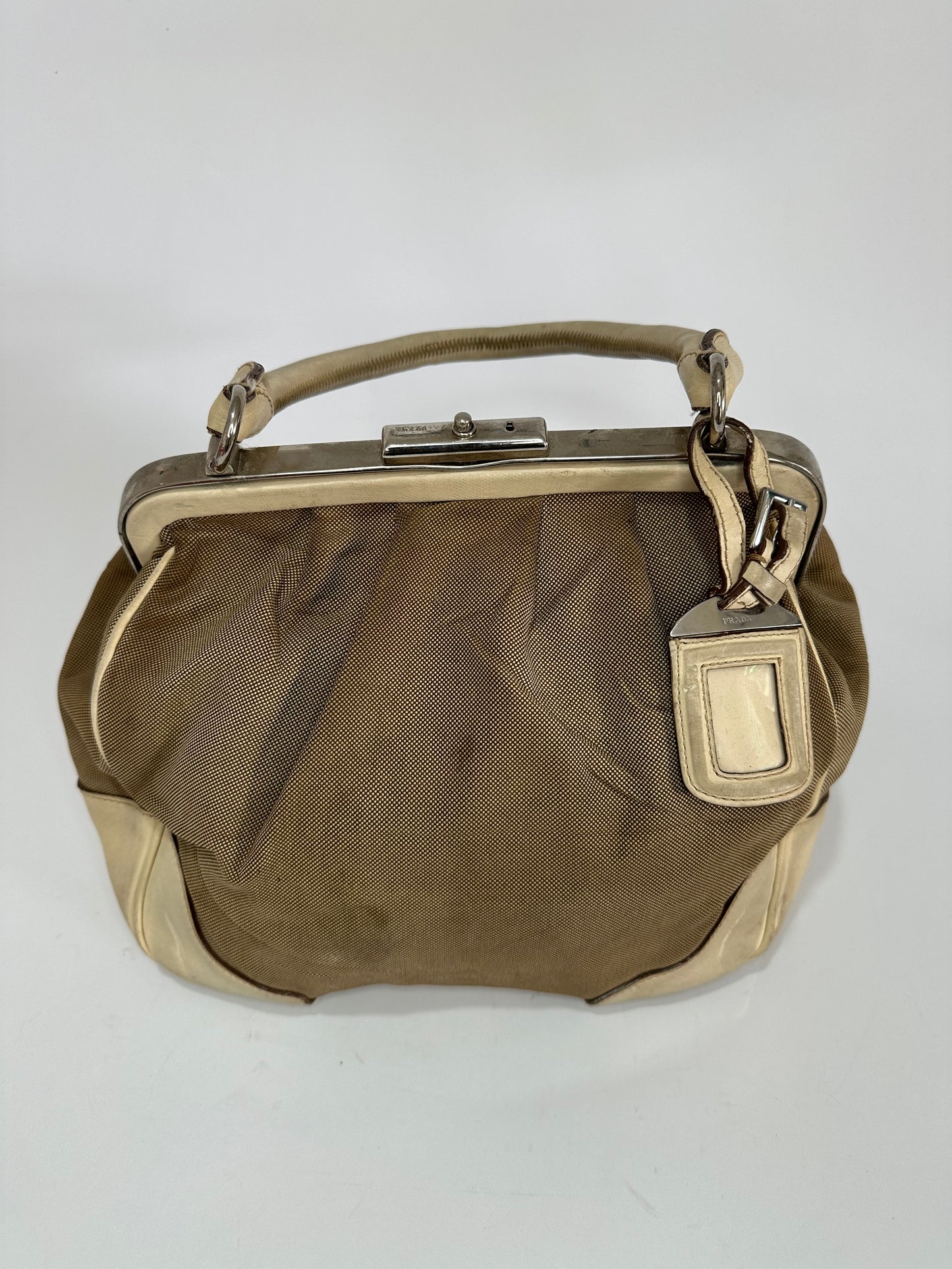 Prada Creame Canapa Logo Frame Handbag Beige
